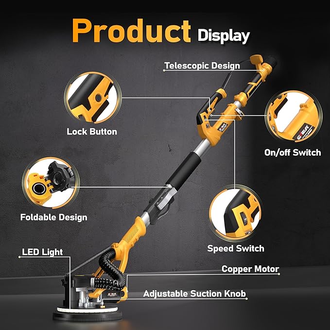 Drywall Sander, 880W 7.33A Electric Drywall Sander with Vacuum Dust Collector, 5 Variable Speed 1000-2100RPM, LED Light, Foldable & Extendable Handle, 12 Sanding Discs