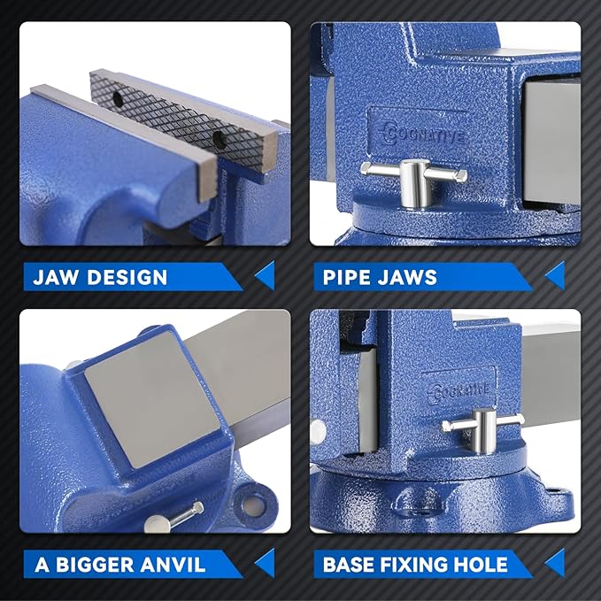 6" Heavy-Duty Bench Vise Ductile Iron Bench Vise 6 Inch 360° Swivel Bench Vice with Anvil Blue, Include Mini Bench Vice Clamp
