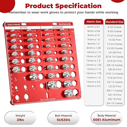 42 Nut and Bolt Thread Checker - 19 Standard and 15 Metric Bolt Checker and 8 Drill Bit Gauge,Bolt Size and Thread Gauge,Wall-Mountable Bolt and Nut Identifier Gauge
