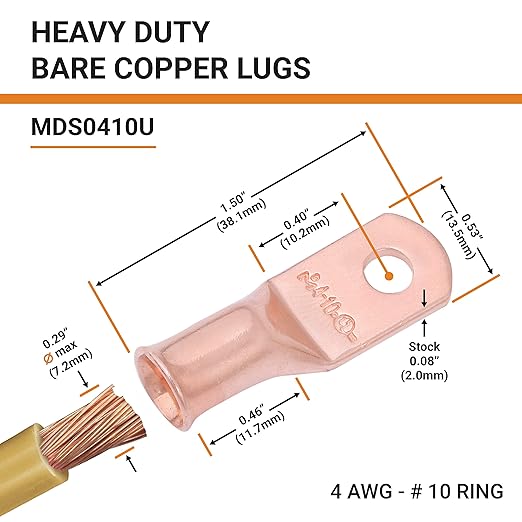 SELTERM 2pcs 4 AWG #10 Stud Copper Wire Lugs, Battery Lugs, Ring Terminals, Battery Cable Ends, 4 Guage Ring Terminal Connectors, UL Heavy Duty Bare Copper Eyelets Battery Terminal Connectors
