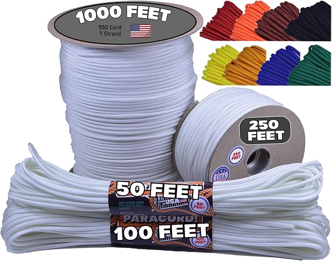 BORED? PARACORD! 550 lb Paracord - Ideal for Crafting, Camping, DIY Projects, Active & Military Outdoors - Strong Survival Rope - Tactical Parachute Cord Type III - White 100 Feet