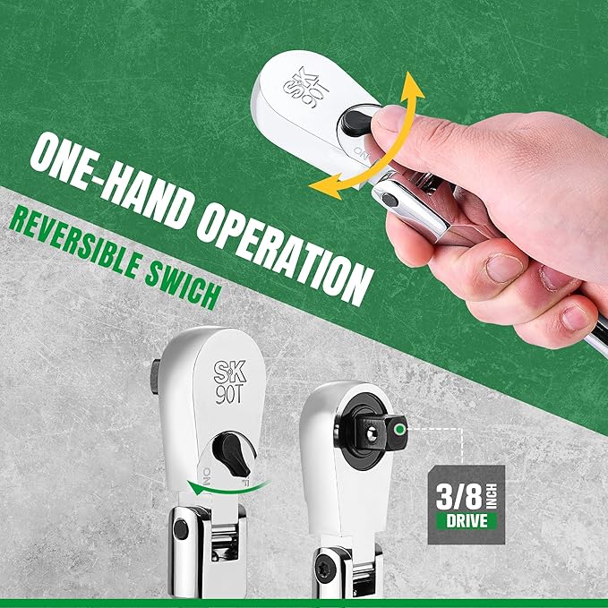 SK 3/8" Drive Flex Head Ratchet Handle, 90-Tooth Ratchet,Premium CR-V Construction, Reversible Design, with Contoured Handle