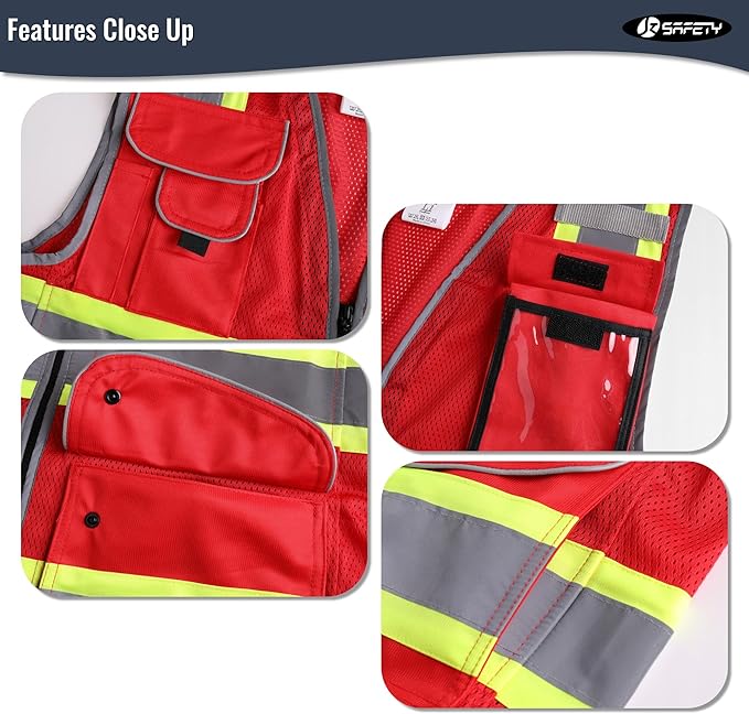 JKSafety 11 Pockets Hi-Vis Black Mesh Safety Vest for Men Women High Visibility Reflective Construction with Zipper Work Utility PPE Work Gear ANSI/ISEA compliant (102-Red XXL)