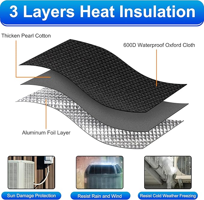 3 Layers HVAC Copper Pipe Insulation Cover Protector,Flexible AC Copper Line Insulation Sleeve,600D Oxford 72x10.2 Inch AC Pipe Insulation Wrap for Outside Central Air Conditioning Splits Black