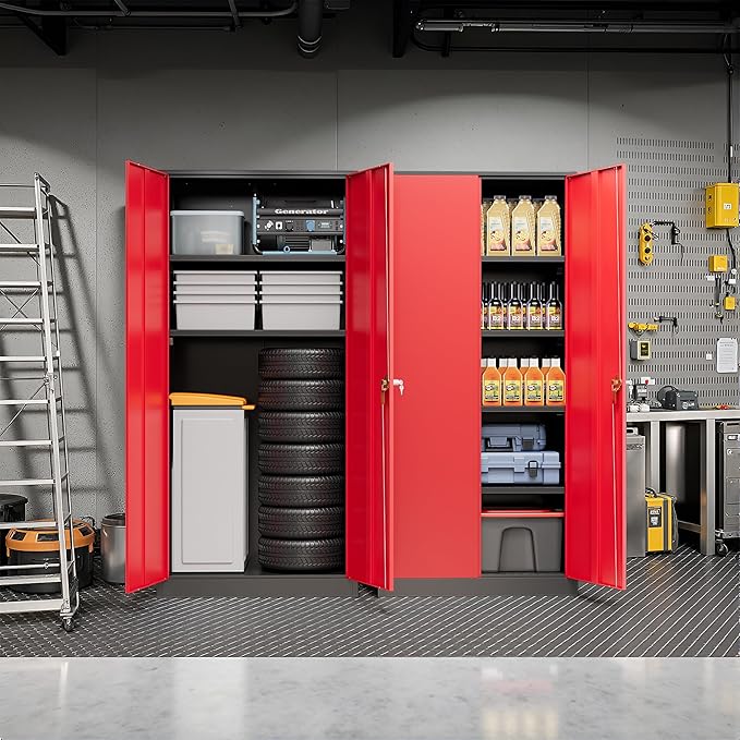 Pataku Metal Storage Cabinet, 71" Garage Cabinet with Doors and Shelves Lockable Steel Multifunctional Cabinets, File Cabinets for Home, Office, Warehouse(Black Red)