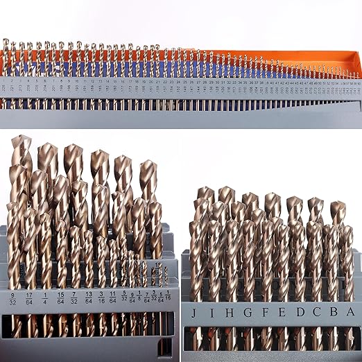 115Pcs Cobalt Drill Bit Set (1/16''-1/2''), M35 High Speed Steel, Twist Jobber Length for Hardened Metal, Stainless Steel, Cast Iron, Wood, and Plastics, with Metal Index Storage Box