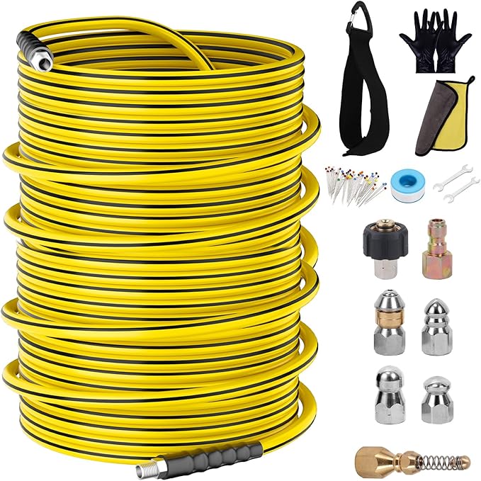 Sewer Jetter Kit for Pressure Washer,Water Jet Drain Cleaning Hose with Corner Rotating Button Spring Nose 1/4" NPT Sewer Cleaning Tool High-Pressure Nozzles,5800 PSI 200 FT