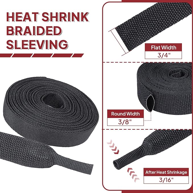 Heat Shrink Wire Loom 2:1 Shrinkable Braided Cable Sleeve 3/8 Inch ID-46ft Abrasion Protection Flexibility Fabric Wiring Harness Cover Sheath
