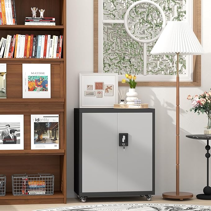 31.5''H Metal Garage Storage Cabinet with Wheels, Small Tool Storage Cabinets with Lock, Lockable Steel Rolling Tool Chest with Doors & Adjustable Shelves for Garage, Home, Office