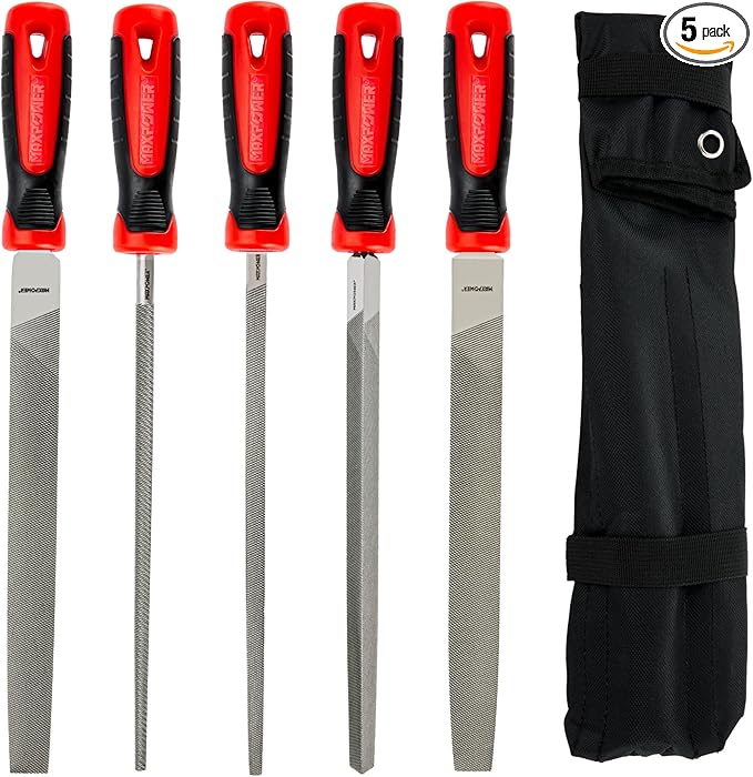 MAXPOWER 10-inch Metal File Set, 5 Pieces Hand Files Including Flat, Round, Half-Round, Triangle and Square, Soft Grip Handle, File Set for Wood, Metal Work and DIY
