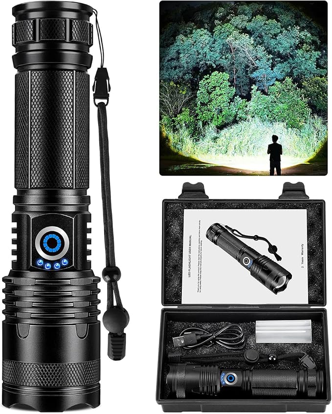 Flashlights High Lumens, 99,000 Lumens LED Flashlight Rechargeable, 5 Modes, Adjustable Beam & 12H Running Time, Powerful and Bright Flash Light for Home/Camping, IPX6 Waterproof
