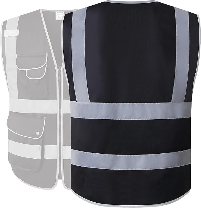 JKSafety 9 Multi-Functional Pockets Zipper Front Safety Vest With Reflective Strips Meet ANSI/ISEA Standards (150-Black, Large)