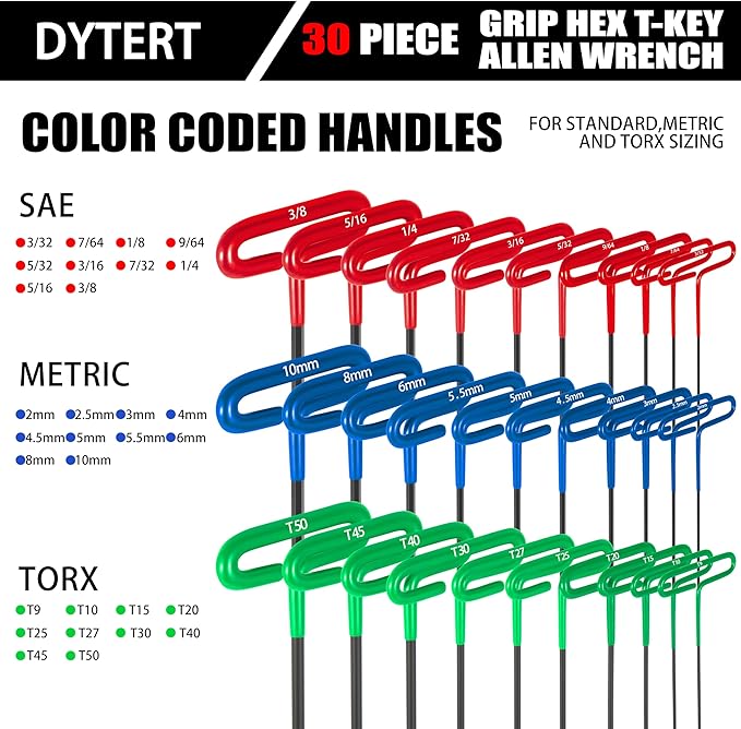 30-Piece T Handle Allen Wrench Set with Metric(2-10MM) & Inch(3/32-3/8) & Torx（T9-T50 Allen Hex Keys Wrench Set, 7.4 inches long, Cushion Grip