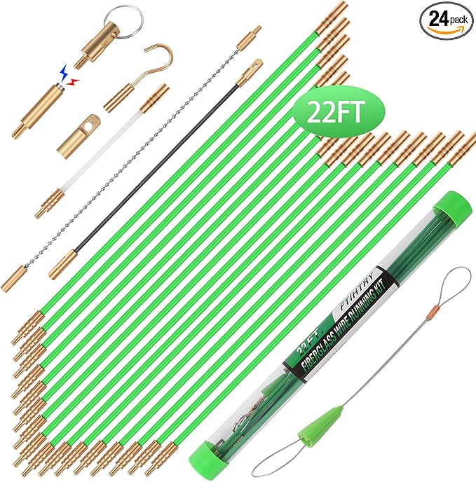 22FT Fiberglass Running Electrical Wire Cable Glow Rods Wire Pulling, Fish Rods Electrical Kit with 8 Different Attachments and Fish Tape Wire Puller Kit