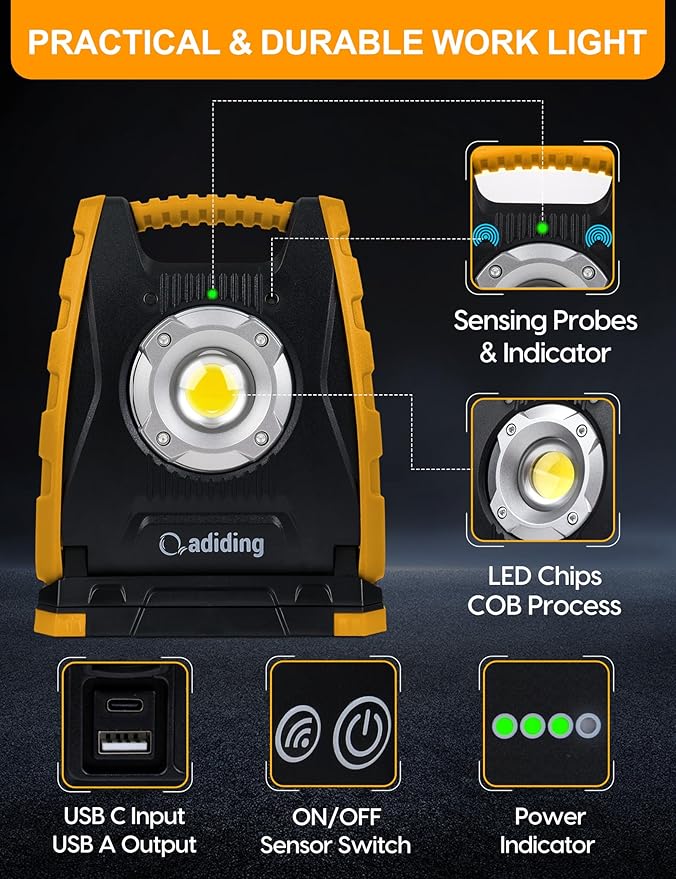 Adiding Rechargeable LED Work Light 4400mAh - Portable Flood Light With Sensor & 360 Rotation Magnetic Base for Repairing, Inspection, Garage, Camping