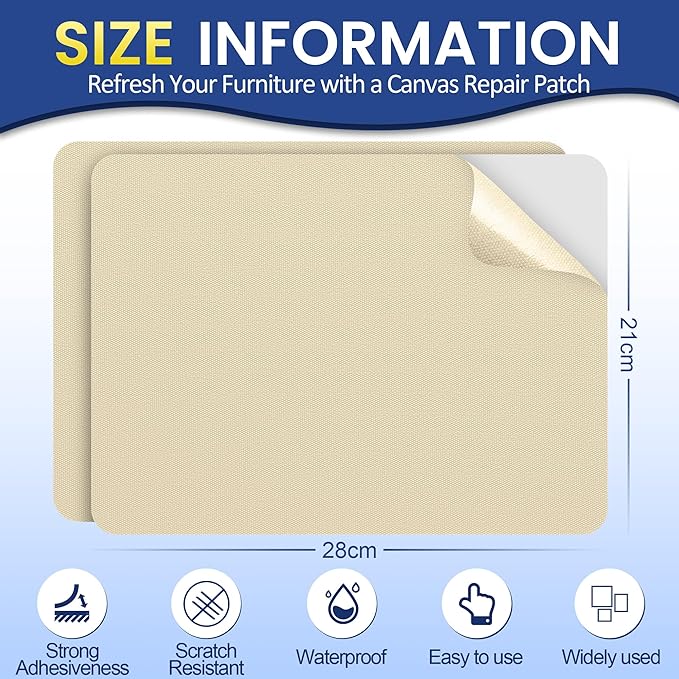 Self-Adhesive Canvas Repair Tape, 8.3" x 11" Waterproof Canvas Repair Patch, Fabric Patch Repairs Kit for Furniture, Tents, Sunbrellas, Boat Covers Awnings, Couches, Clothes, Bags Light Beige