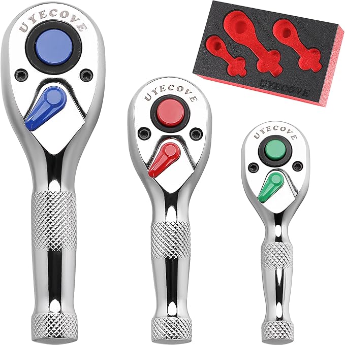 Ratchet Set 3PCs-1/4 Drive Ratchet, 3/8" Drive Ratchet, 1/2" Drive Ratchet, Ratchet Set-Colorful Stubby Ratchet Wrench Set 72-Tooth Small Ratchet Set with IXPE Storage Tray