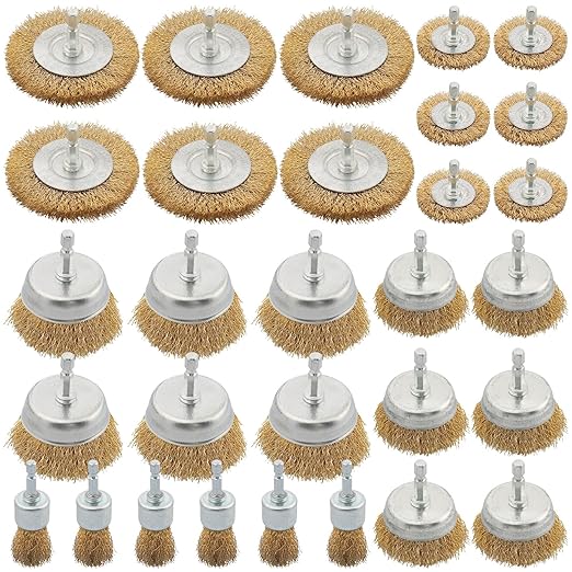 30 Pack Wire Brush Wheel for Drill, Brass Wire Brush for Drill, 1/4 Inch Hex Shank, Wire Brush Drill Bit, Wire Cup Brush for Rust Removal, Wire Brush Drill Attachments