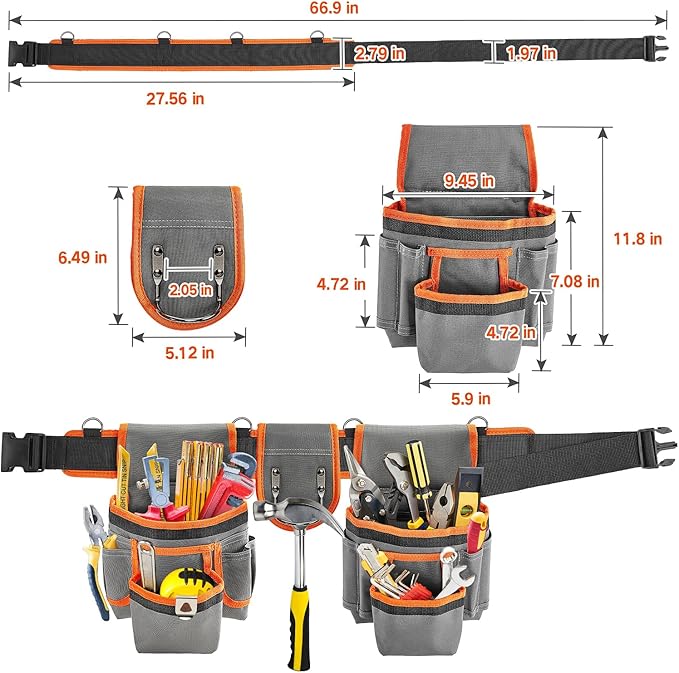 Tool Belt with Suspenders, Heavy-Duty 24-Pocket Work Belt for Electrician, Carpenter, Construction, Detachable & Adjustable Tool Pouch Bag for Men -Fits Waists 33"-48"