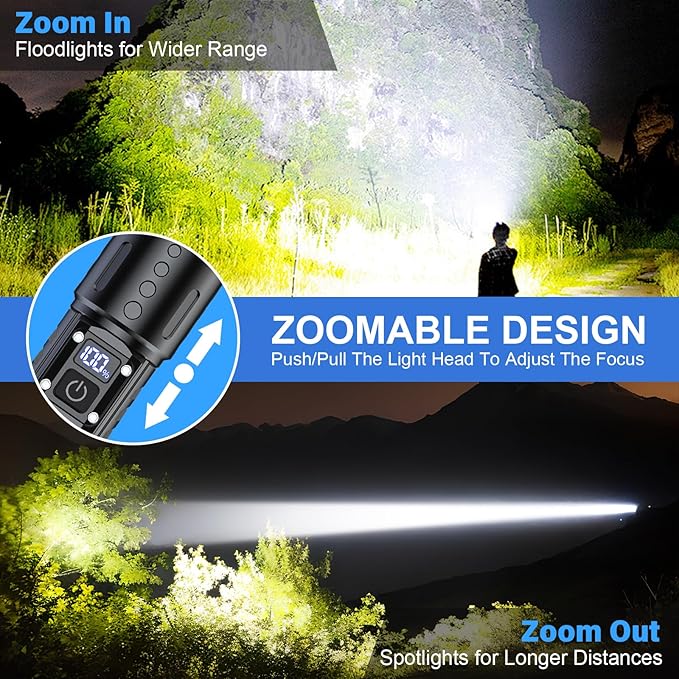 Flashlights High Lumens Rechargeable - Super Bright Tactical LED Flash Light, Dimmable&Memory Function Powerful Waterproof Flashlight for Camping,6 Modes,Zoomable,LCD Display (2, Black)