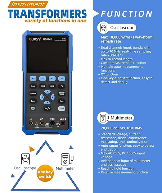 HDS272 Oscilloscope, 70MHz Bandwidth Dual Channel Oscilloscope Multiumeter, 2 in 1 Function 20,000 Counts Multiumeter 3.5" LCD for Electronic Measurement Circuit Design, Test, Repair