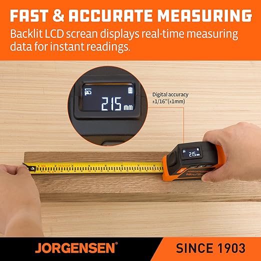 JORGENSEN Digital Tape Measure, 2-in-1 16Ft Rechargeable Digital Measuring Tape Ft/Ft+in/in/M/CM/MM Unit, Metric & Inches Tape Measurement Tool for Pythagorean, Area, Volume