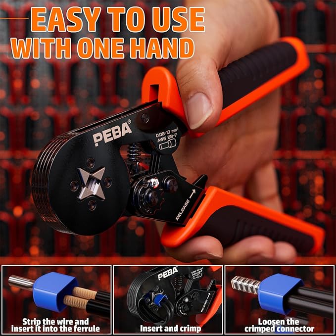 PEBA Ferrule Crimping Tool Kit, Square Pliers AWG28-7 & 33 Sizes Ferrules(AWG24-8) for Electrical Wiring/DIY Terminals | Self-Adjusting Ratchet Crimper - Copper Ferrule Kit