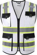 JKSafety Hi Vis Reflective Safety Vests for Men Women High Visibility Vest with Pockets Mesh Fabric Construction Safety Apparel Neon Vest for Work (220-White XL)