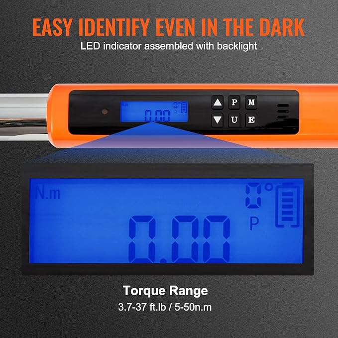 VEVOR Digital Torque Wrench, 3.7-37ft.lb/5-50n.m 3/8" Drive Electronic Torque Wrench Set, 3-Mode Adjustable Torque Wrench Set with LED Buzzer Calibration