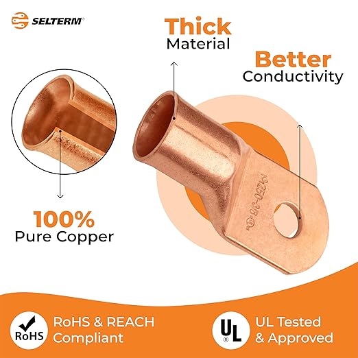 SELTERM 2pcs 250 MCM 3/8" Stud Copper Wire Lugs, Battery Lugs, Ring Terminals, Battery Cable Ends, 250 kcmil Ring Terminal Connectors, UL Heavy Duty Bare Copper Eyelets Battery Terminal Connectors