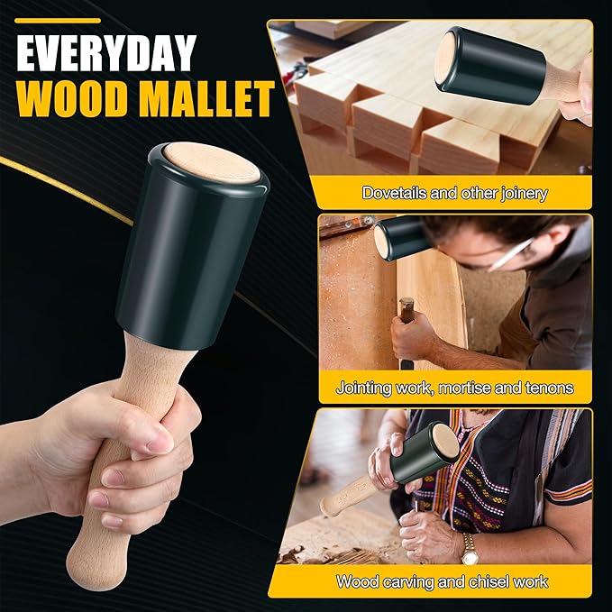 Precision 15oz Wood Carving Mallet for Woodworking, Ergonomic Wooden Handle Reduces Hand Fatigue, Non Marring Urethane Head Protects Wood Carving Chisels, Wooden Mallet