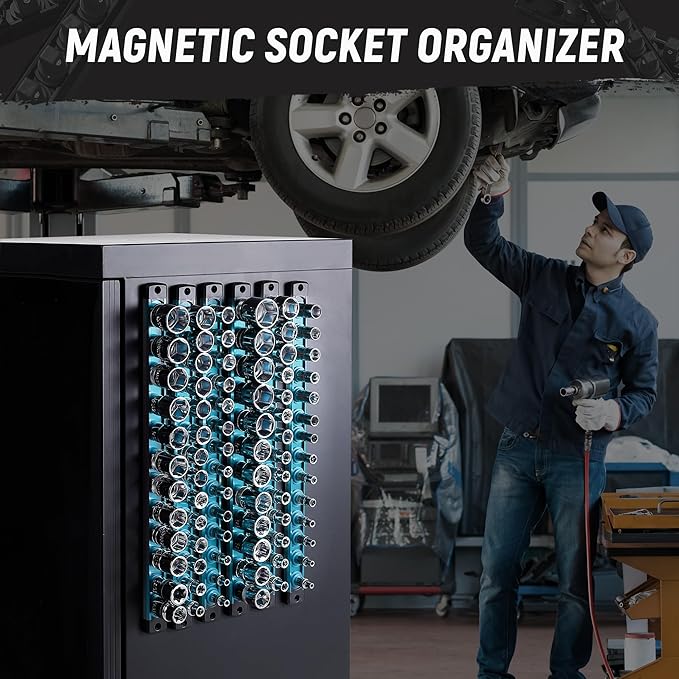 ALOANES Magnetic Socket Organizer, 1/2-Inch Drive Aluminum Socket Holder Socket Tray, Heavy Duty Socket Rail Organizer for Tool Box Drawer, 360°Swivel Clips Socket Rack 1/2-Inch x 12 Clips (Aqua Blue)