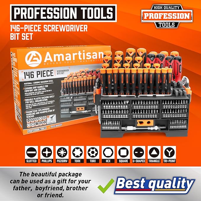 Amartisan 146-piece Magnetic Screwdrivers Set Plastic Racking, DIY Tools Set Tools for Men Gift, Includs Precision screwdriver, Magnetizer, Key Set, Nut Driver and Bit Set