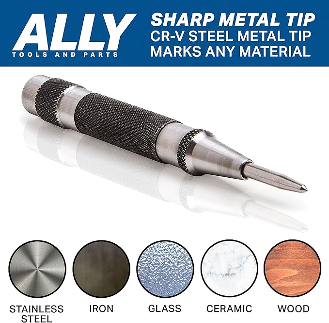 ALLY Tools Heavy Duty Automatic Center Punch w/Hardened Steel – 2PC Premium Automatic Center Punch for Metal for Machinists and Carpenters w/Adjustable Knurled Cap, Spring Loaded and Hard-Shell Case