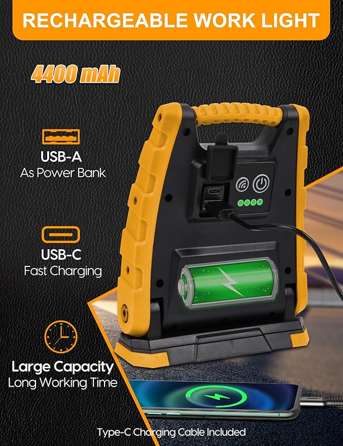 Adiding Rechargeable LED Work Light 4400mAh - Portable Flood Light With Sensor & 360 Rotation Magnetic Base for Repairing, Inspection, Garage, Camping