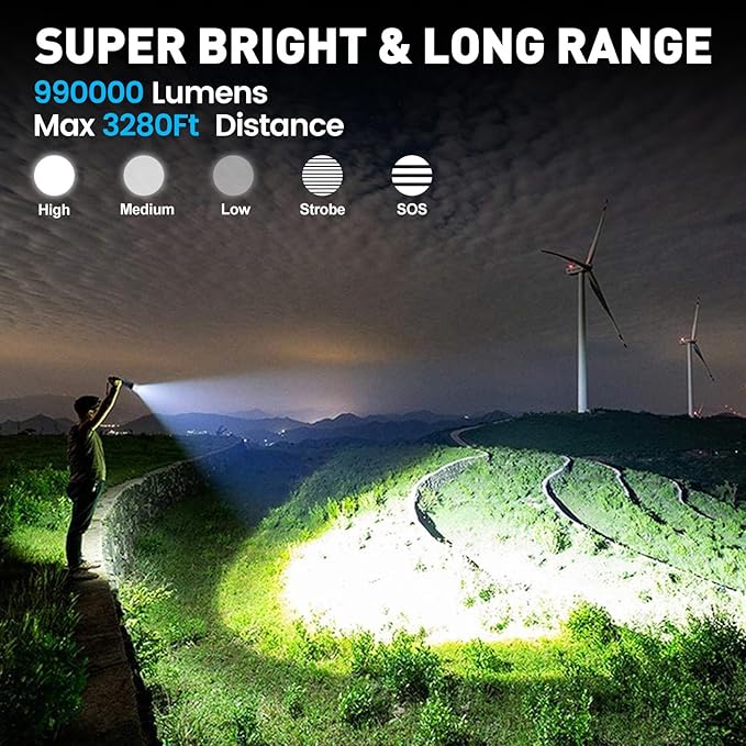 Flashlights High Lumens, 99,000 Lumens LED Flashlight Rechargeable, 5 Modes, Adjustable Beam & 12H Running Time, Powerful and Bright Flash Light for Home/Camping, IPX6 Waterproof