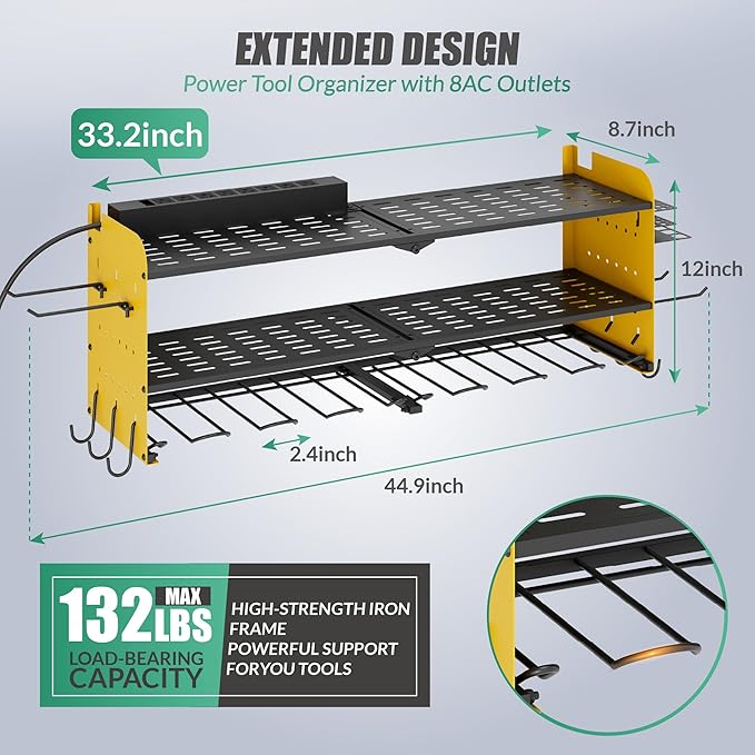 Suchtale Power Tool Organizer with Charging Station,33.2" Garage 8 Drill Holders Wall Mount,3 Layers Heavy Duty Metal Tool Shelf with 8 Outlets Power Strip, Gift for Men, Father, Yellow