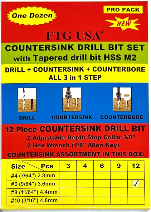 FTG USA 12 Pc #6 (9/64") Countersink Drill Bit Set with Depth Stop Collar, Hex Wrench - Tapered Drill Bits for Wood