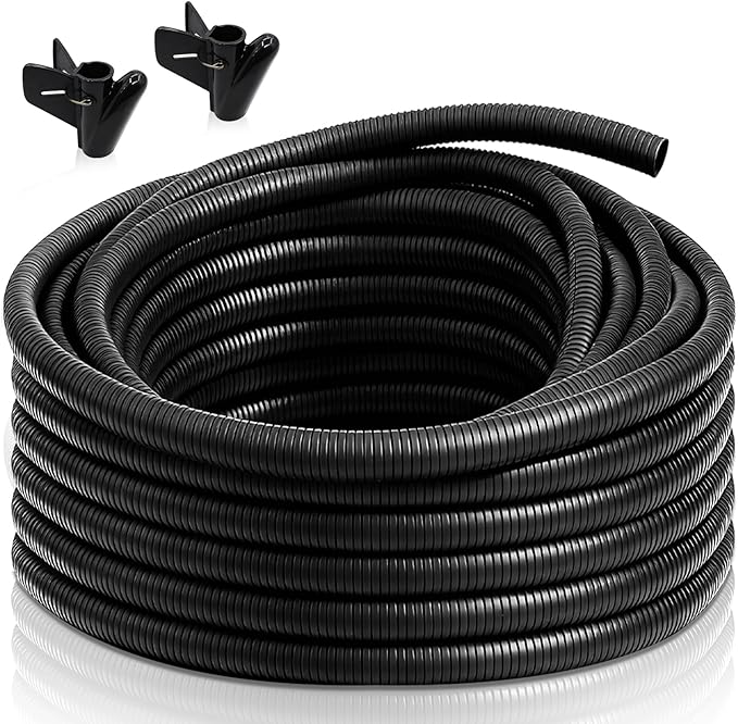 30FT 3/4 inch Split Wire Loom Tubing Kit with 2 Clamps - Flexible Abrasion Resistant Conduit for Automotive, Mechanical Cable Protection