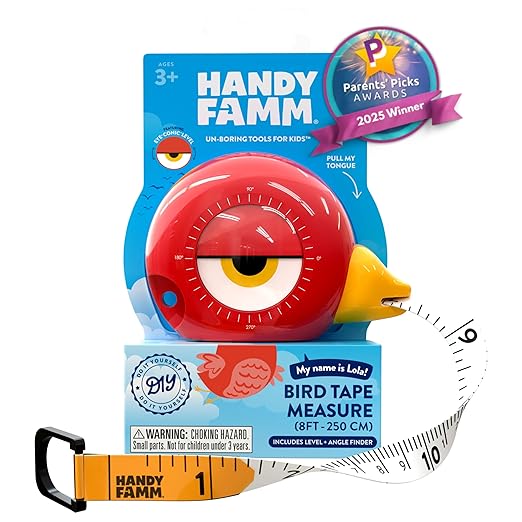 Handy Famm 8Ft Animal Shaped Kids Tape Measurer, Fun Level and Protractor Angle Finder, Educational Children's Tools, Small Measuring Tapes for Learning Early Math Skills, Ages 3 and up, Red Bird