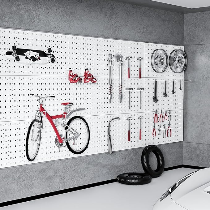Peg Board, 2 Pack Metal Pegboard Panels Pegboards Wall Organizer with 12Pcs Hooks, Peg Board for Walls Garage Tool Storage Office Organization Kitchen Craft Room (White, 2PCS with 12 Hooks)