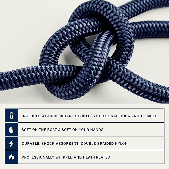 RainierSupplyCo Boat Anchor Rope - Double Braided Marine Rope Anchor Line - 50 ft x 1/4 Inch Nylon Boating Line with 316 Stainless Steel Thimble and Heavy Duty Marine Grade Snap Hook - Navy Blue