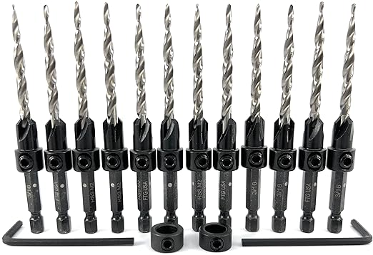 FTG USA 12 Pc #10 (3/16") Countersink Drill Bit Set with Depth Stop Collar, Hex Wrench - Tapered Drill Bits for Wood