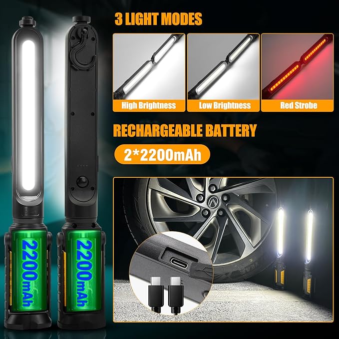 SYLSTAR Mechanic Work Light Bar with Upgraded Sensor Control - 2400LM LED, 4400mAh Rechargeable Underhood Work Light with Hooks & Magnetic Base for Car Repairing, Garage Workshop, Emergency