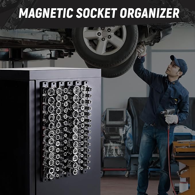 ALOANES Magnetic Socket Organizer, 1/2-Inch Drive Aluminum Socket Holder Socket Tray, Heavy Duty Socket Rail Organizer for Tool Box Drawer, 360°Swivel Clips Socket Rack 1/2-Inch x 12 Clips (Black)