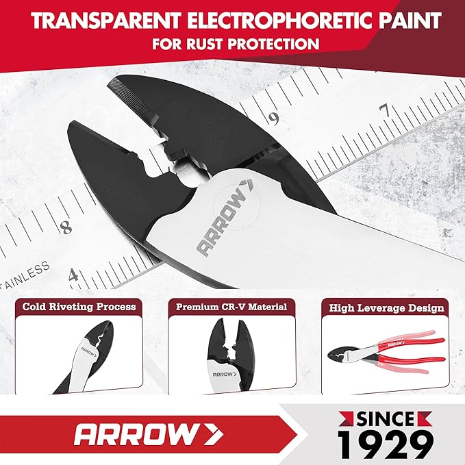 ARROW 9.5" Wire Crimper/Cutter, Wire Crimping Tool with Thick Dip-Grip Handle, CR-V Steel, Crimper Tool Electrical for 10–22 AWG Insulated & Non-Insulated Terminals and Connectors