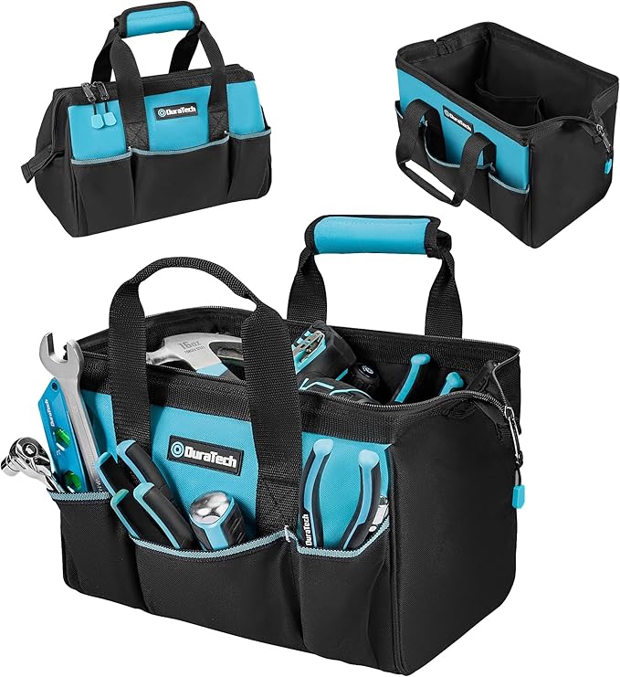 DURATECH 13-Inch Small Tool Bag with 9 Pockets, Tool Bags for Men Women, Toolbag with Thickened Fabric, Wide Open Mouth Tool Carrier for Mechanic Electrician Plumber HVAC