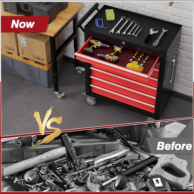 Rolling Tool Chest with Drawers, 7 Drawers Tool Chests & Cabinets, Metal Toolbox with Wheels, Lockable Storage Cabinet, Garage Tool Box with Drawers (BlackRed, 7 Drawers)