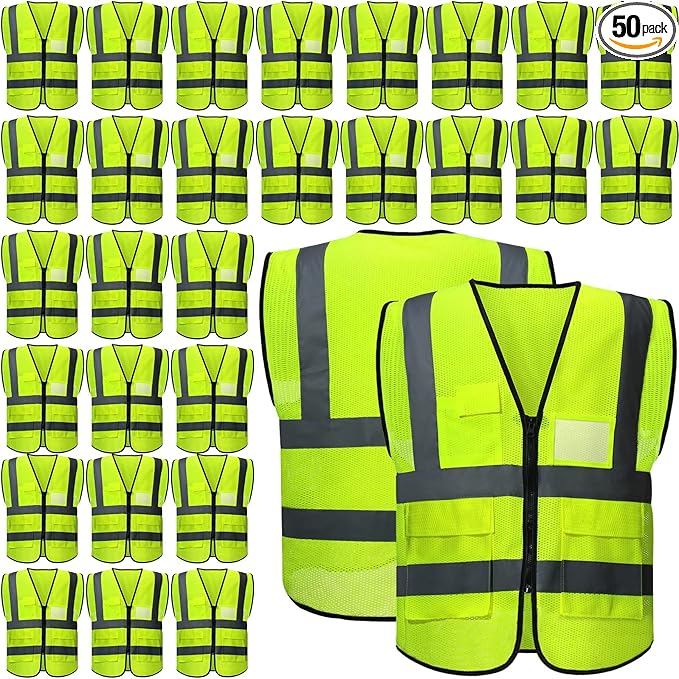 JaGely 50 Pack Reflective Safety Vests with Pockets, High Visibility Mesh Construction Vest for Men Women, Neon Yellow, Size L