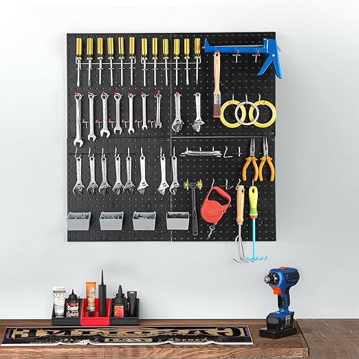 16x16 inch Wall Organizer Pegboard Panels, Black Metal Pegboard for Tool Storage, Workbench Tools Organization Peg Board(4PCS, Black)